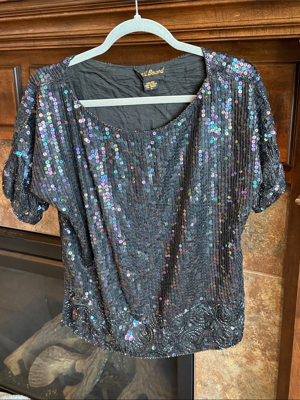 Vintage 80s Spell Bound Silk Sequin Beaded Blouse L Black Iridescent Party Top